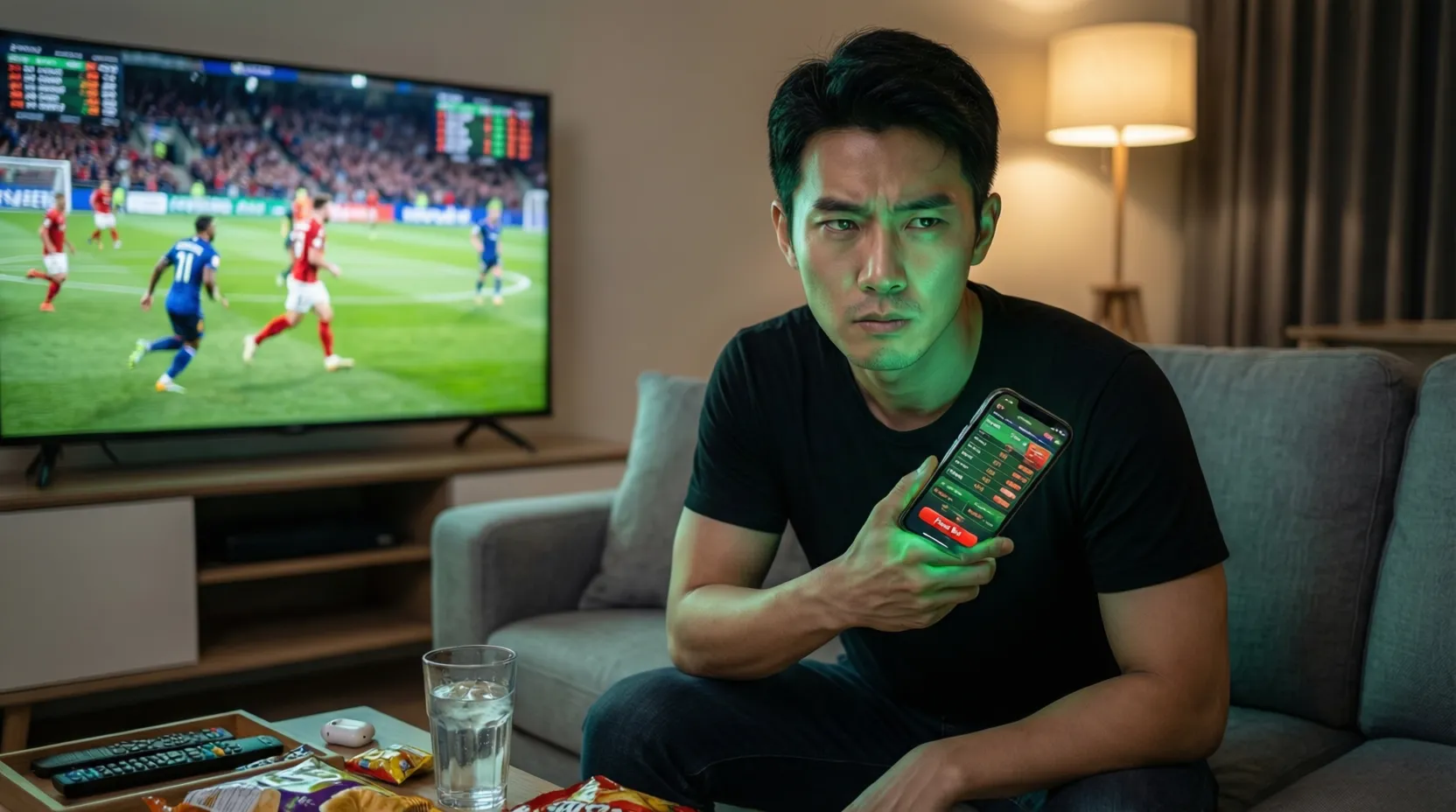 Aficionado viendo partido del Betis en vivo con móvil en mano