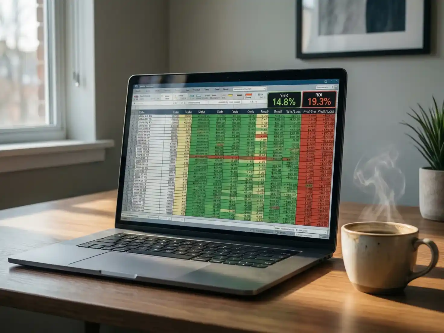 Registro de apuestas en hoja de cálculo con métricas de rendimiento
