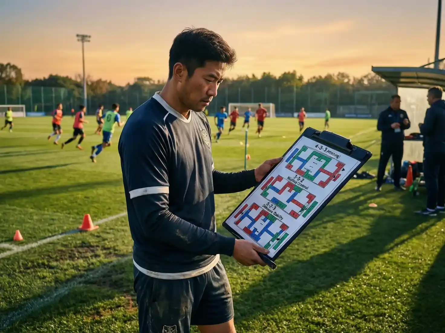 Entrenador analizando táctica antes del partido de fútbol