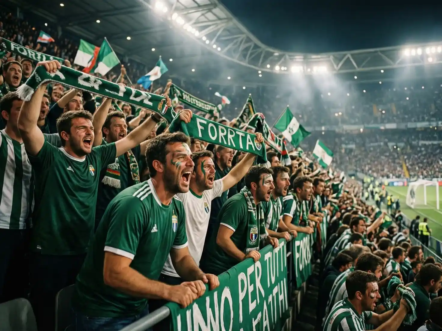 Afición del Betis animando en un partido europeo nocturno