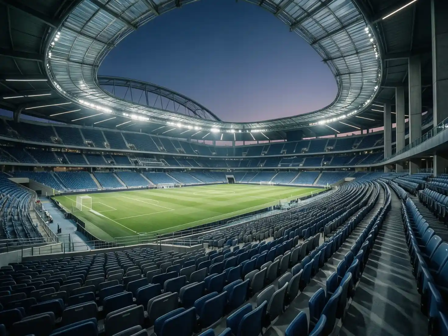 Estadio de fútbol con iluminación artificial para partido nocturno entre semana