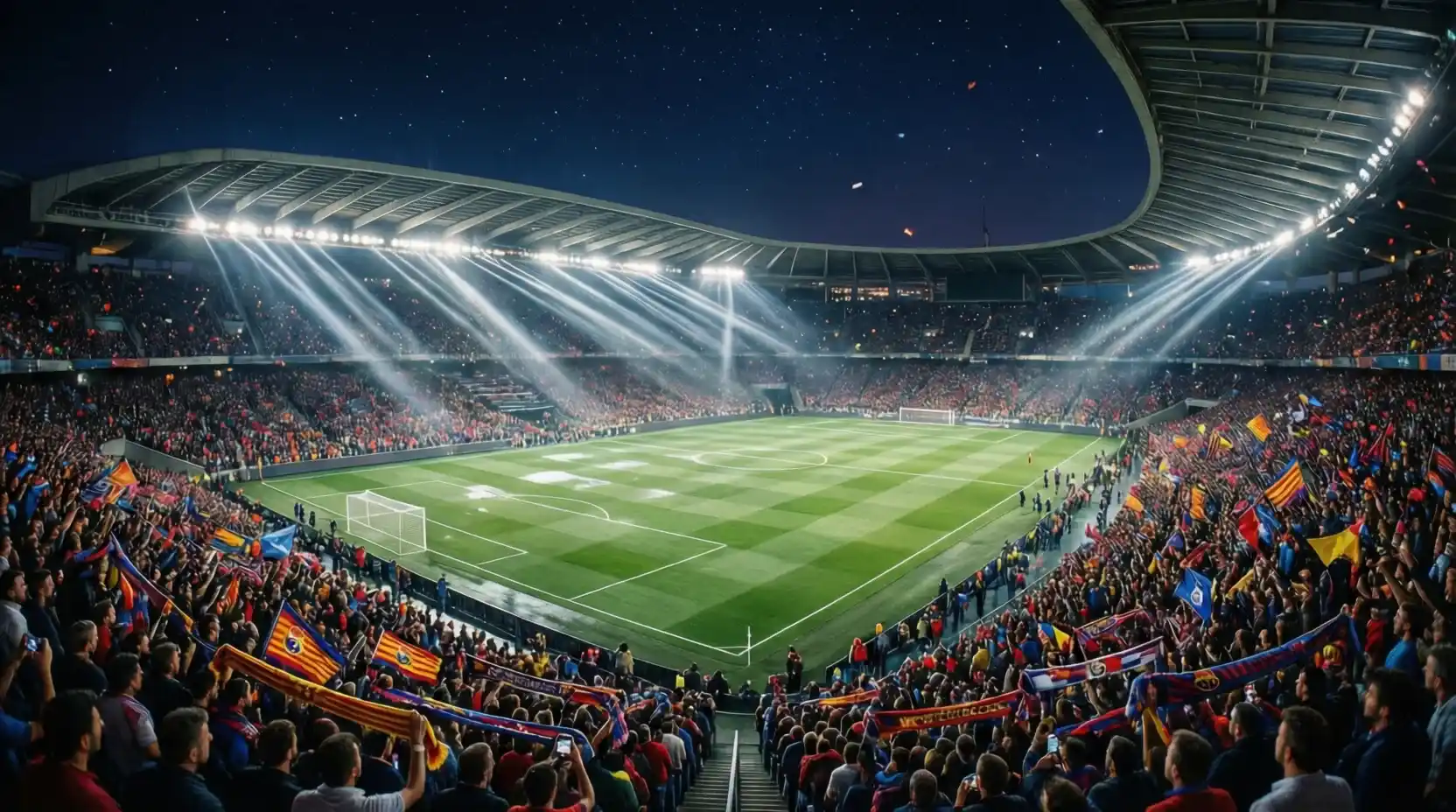 Estadio de fútbol iluminado para un partido nocturno de La Liga