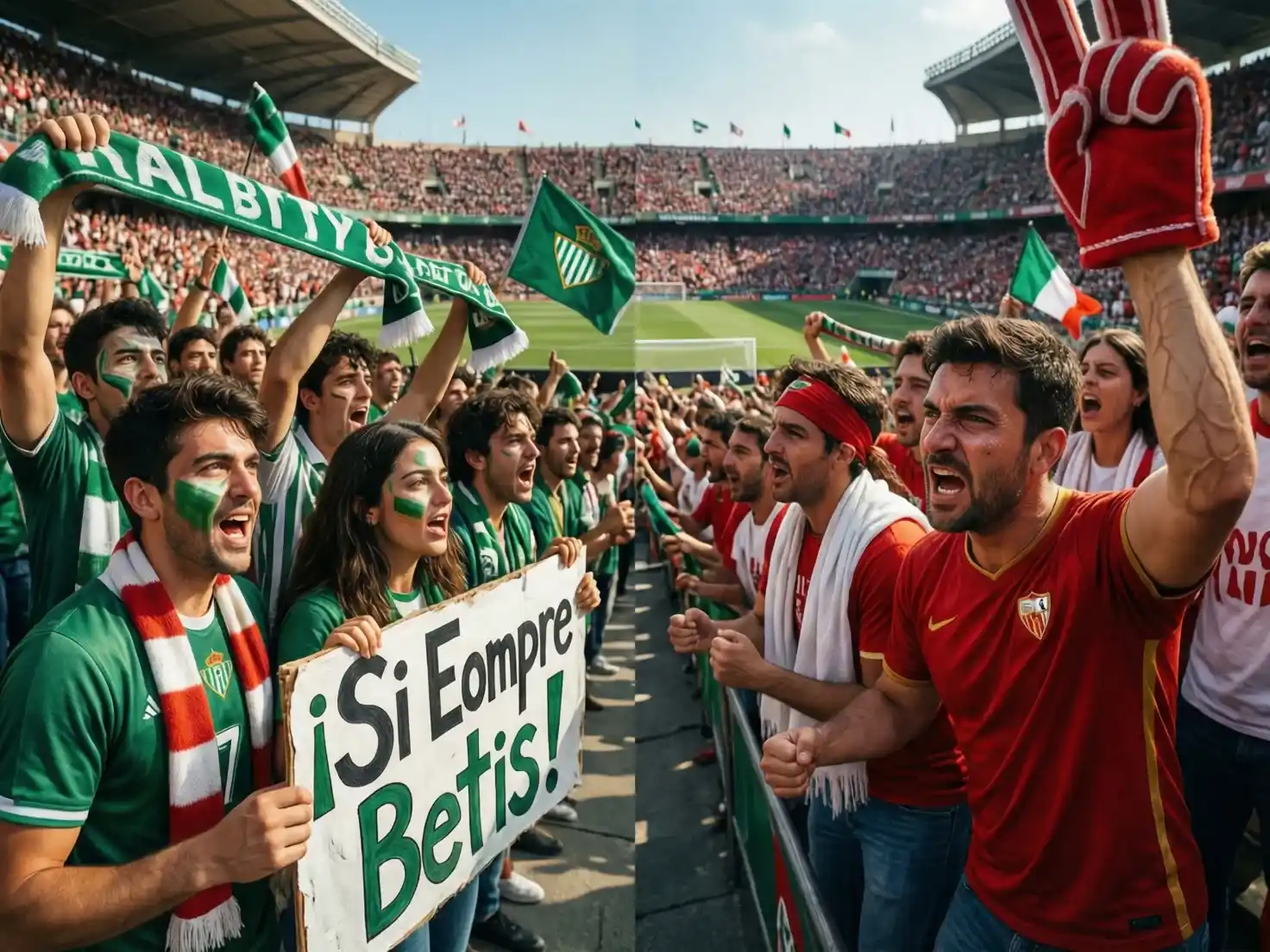 Aficionados de Betis y Sevilla en ambiente de derbi