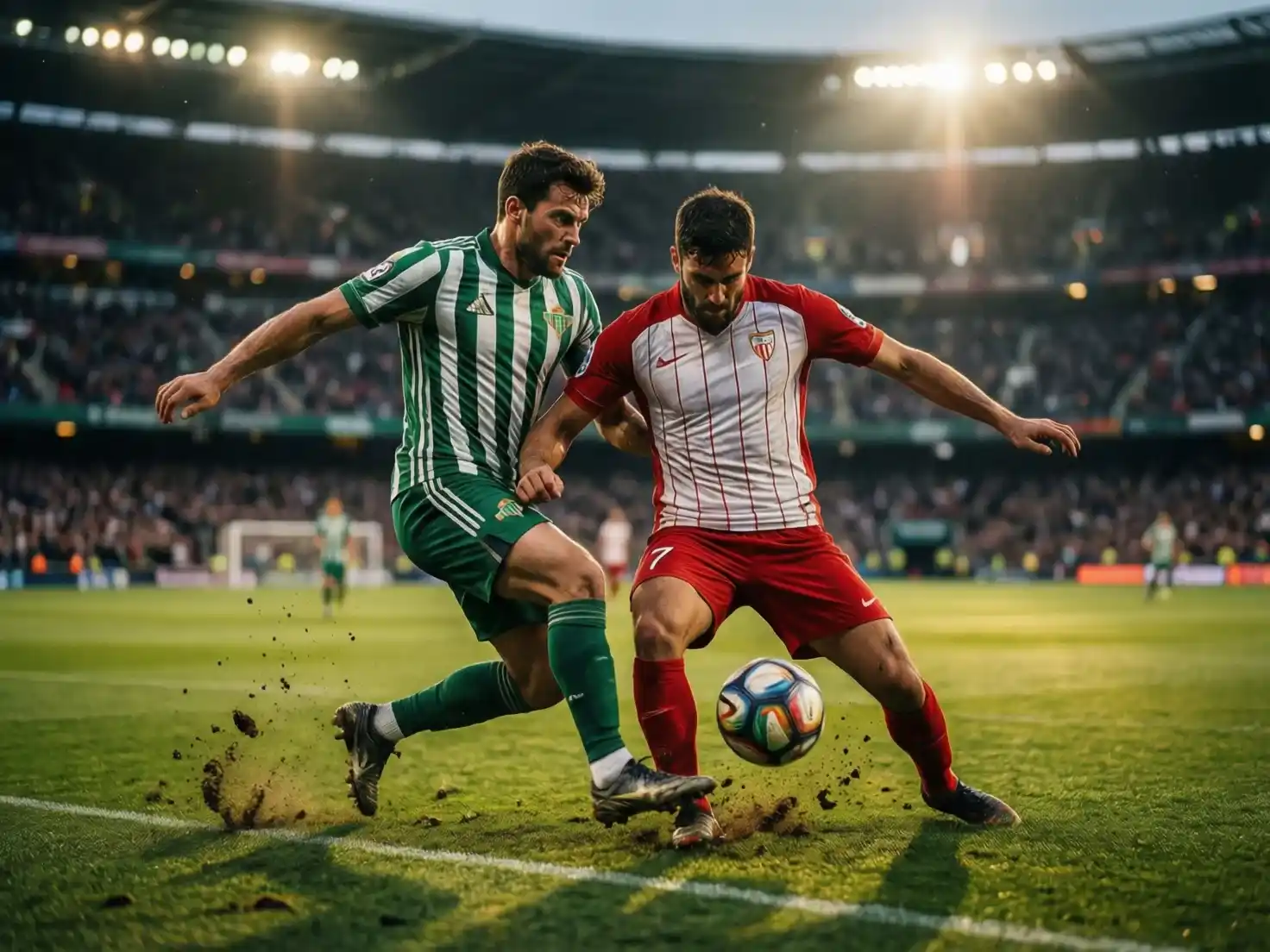 Jugadores de Betis y Sevilla disputando un balón en el campo