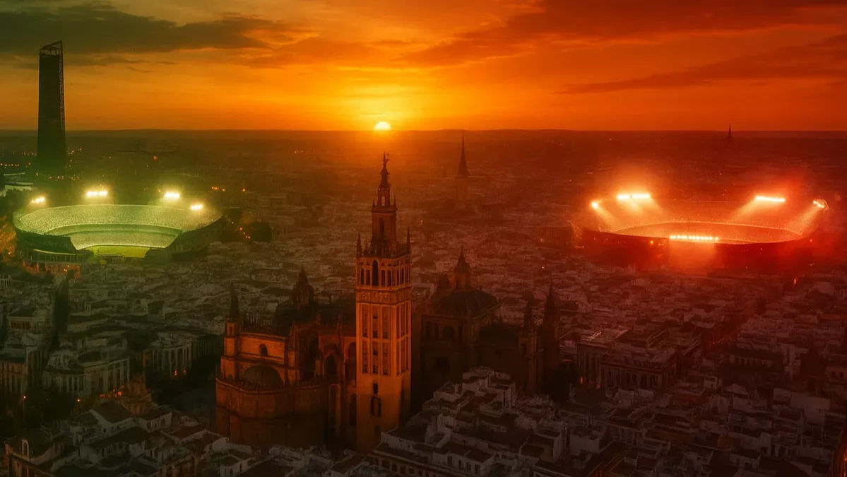 Vista aérea del derbi sevillano 2025 entre Sevilla FC y Real Betis con la ciudad dividida en colores verdiblanco y rojiblanco