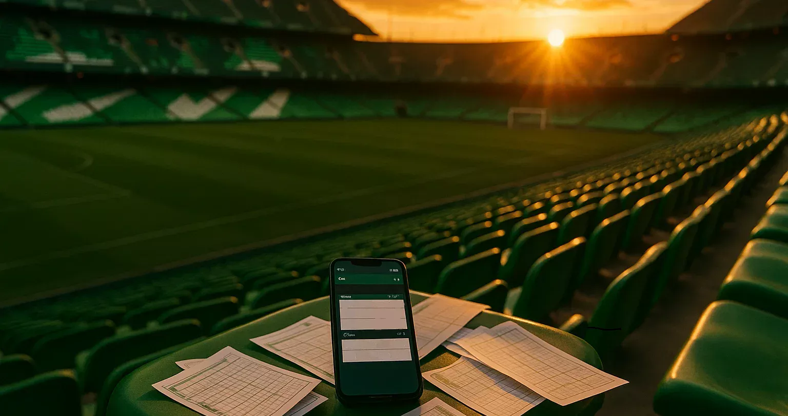 Estadio de fútbol al atardecer con ambiente de apuestas deportivas y colores verdes y blancos del Betis