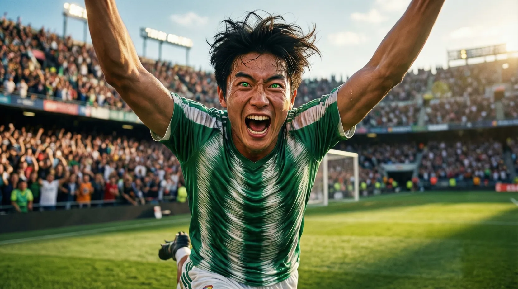 Delantero del Betis celebrando un gol con afición de fondo