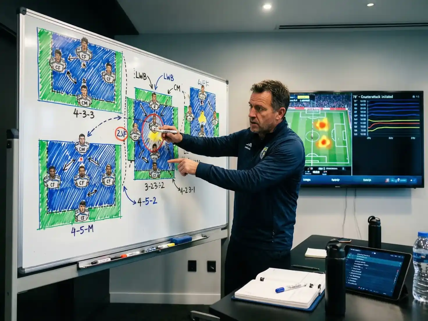 Pizarra táctica de fútbol con análisis de partido