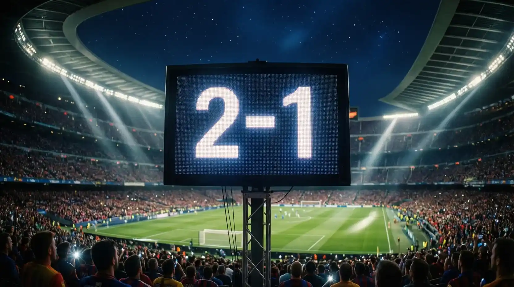 Marcador de estadio mostrando goles durante un partido