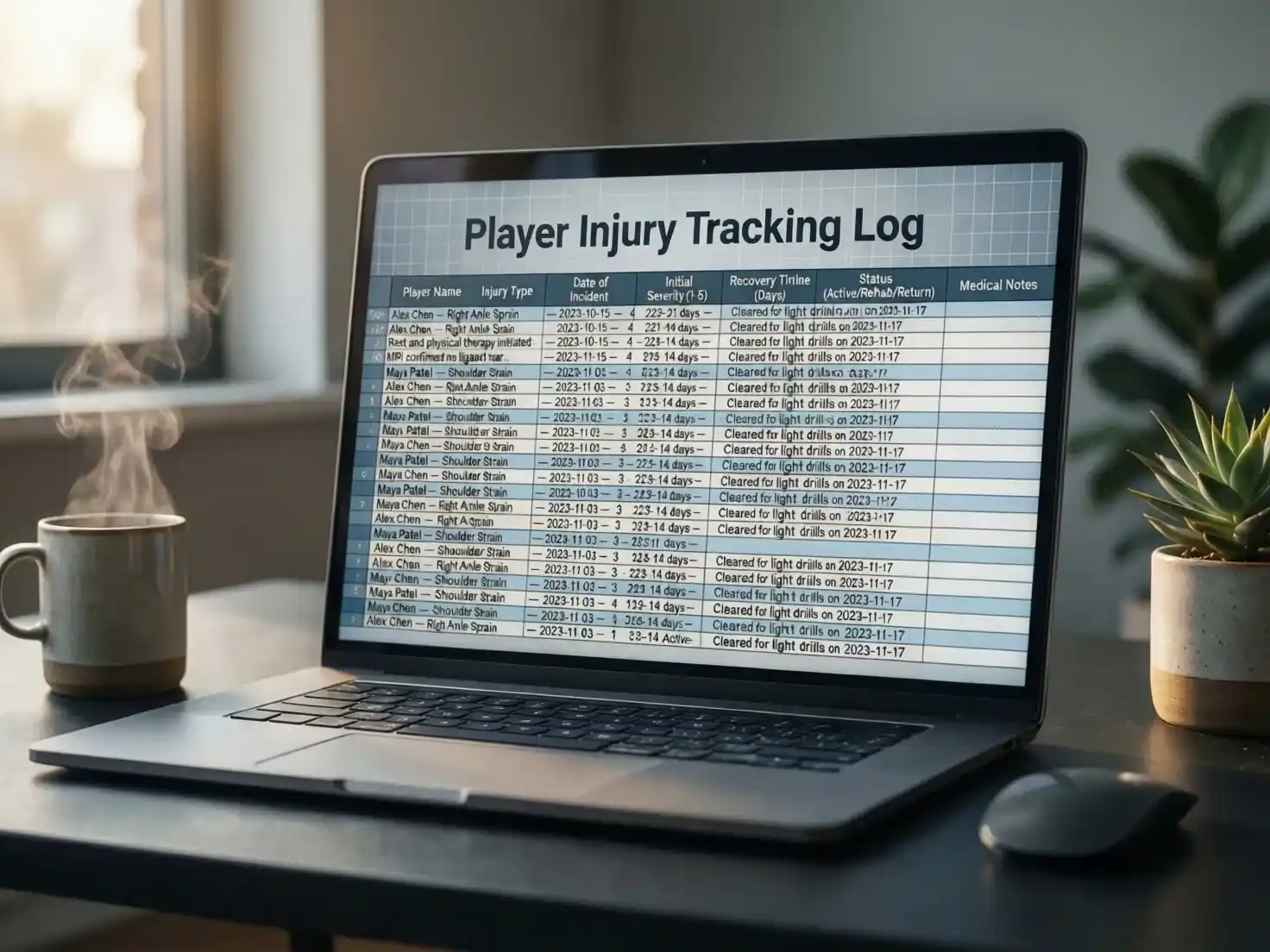 Registro de seguimiento de lesiones de plantilla
