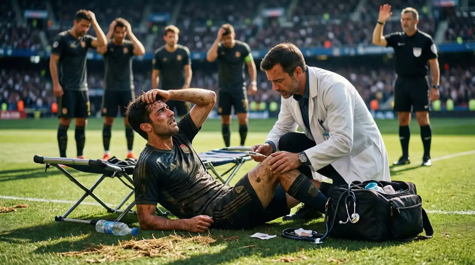 Jugador de fútbol recibiendo atención médica en el campo