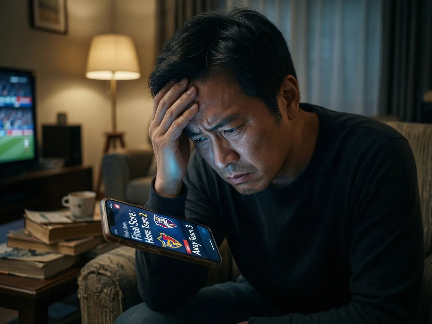 Persona frustrada mirando resultados deportivos en el móvil