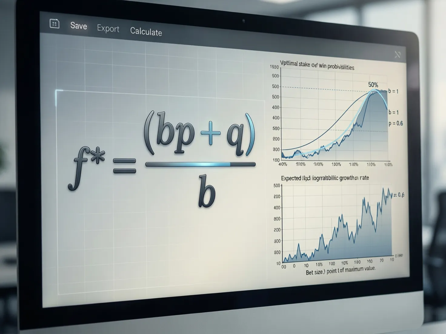 Fórmula matemática de Kelly en pantalla con gráficos