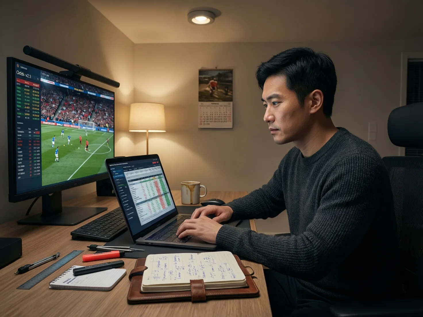 Persona aplicando sistema de apuestas en portátil con partido de fútbol