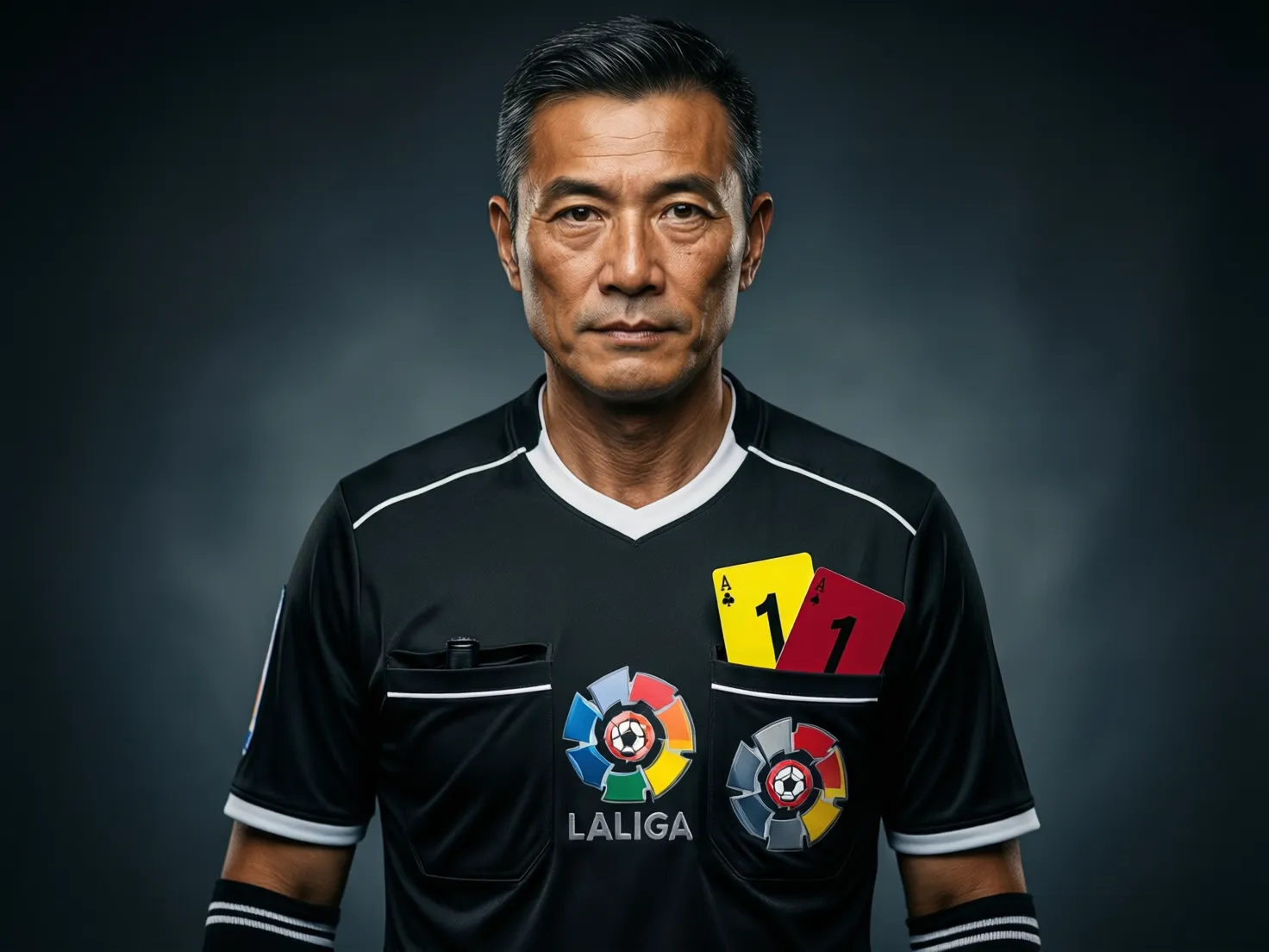 Árbitro de La Liga con tarjetas en el bolsillo