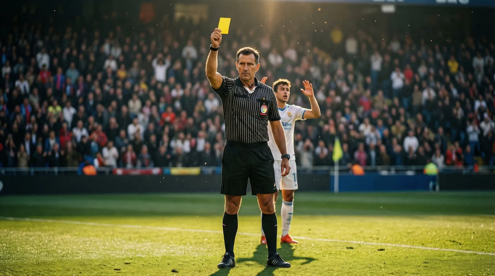 Árbitro mostrando tarjeta amarilla durante un partido de La Liga