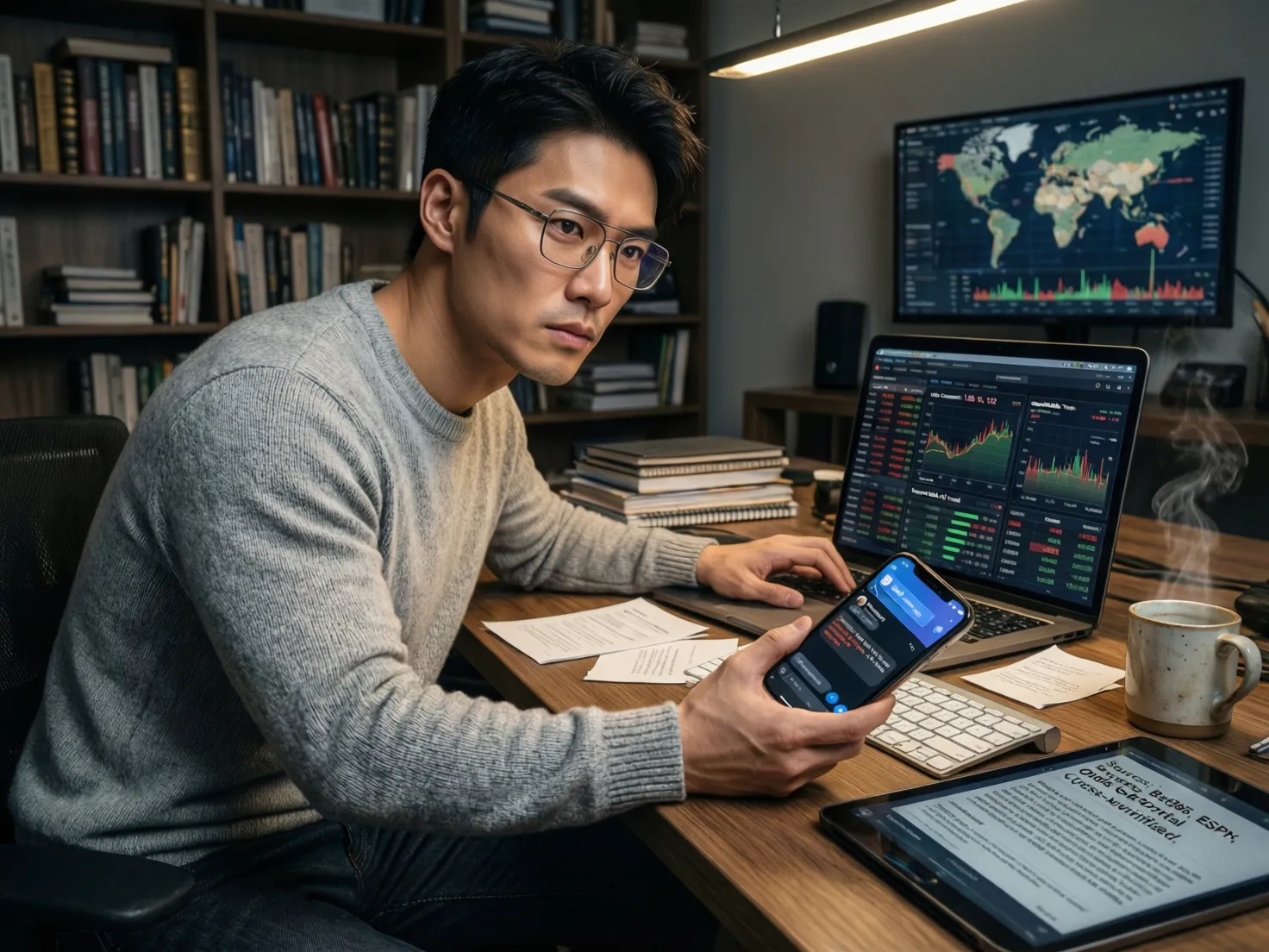 Persona analizando información de múltiples fuentes en móvil y ordenador